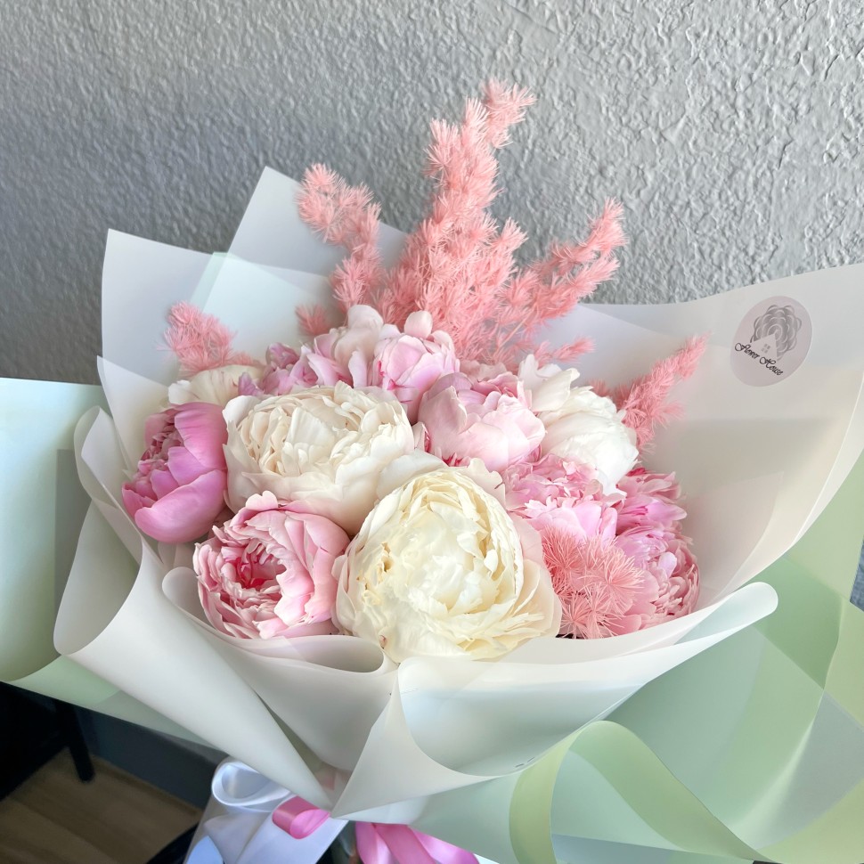 15 White and Pink Peonies Hand-Tied Bouquet