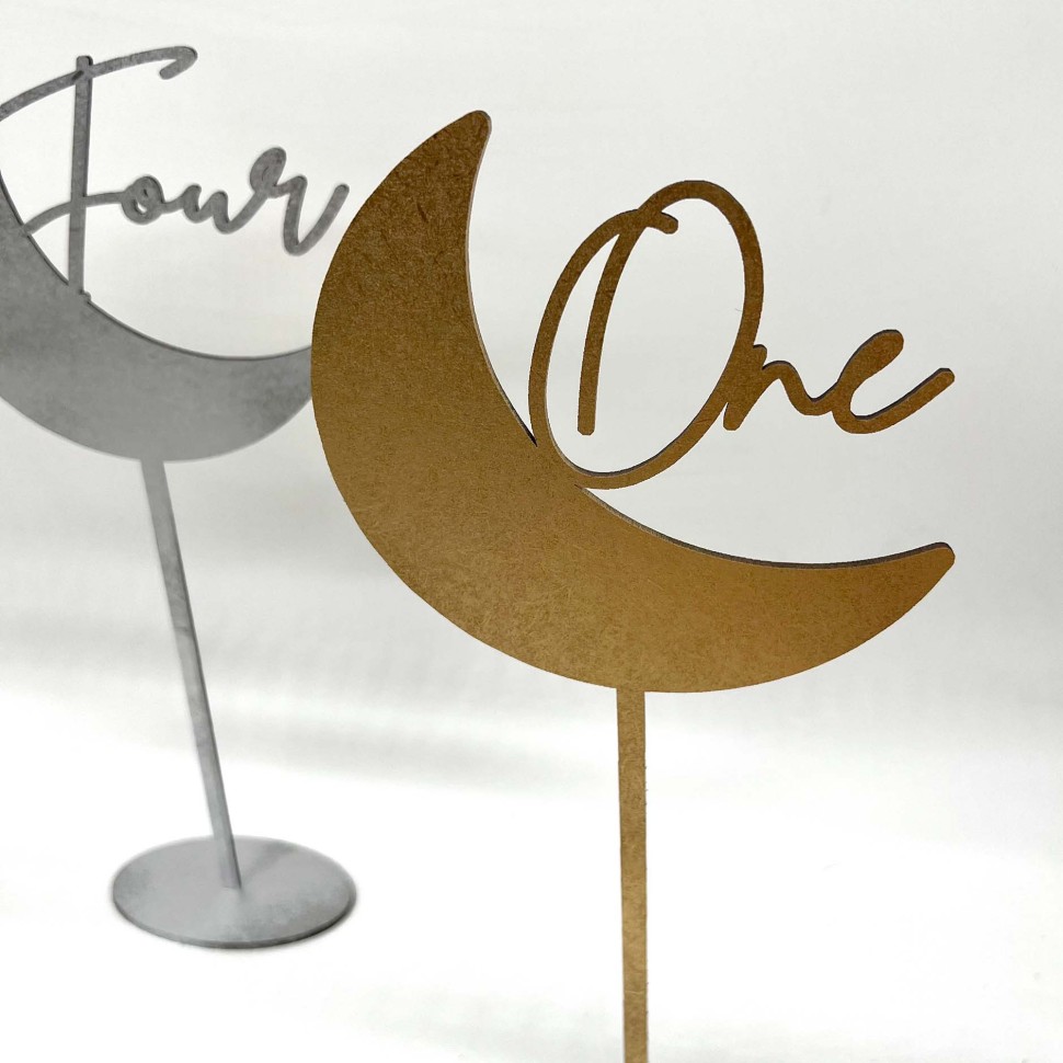 Gold Painted Natural Wood Table Number Plaques Shaped Like Moons – Wedding Table Numbers, Table Setting, Birthday And Event Table Numbers