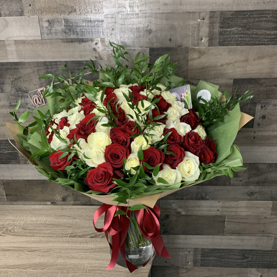100 Red & White Roses Hand-Tied Bouquet