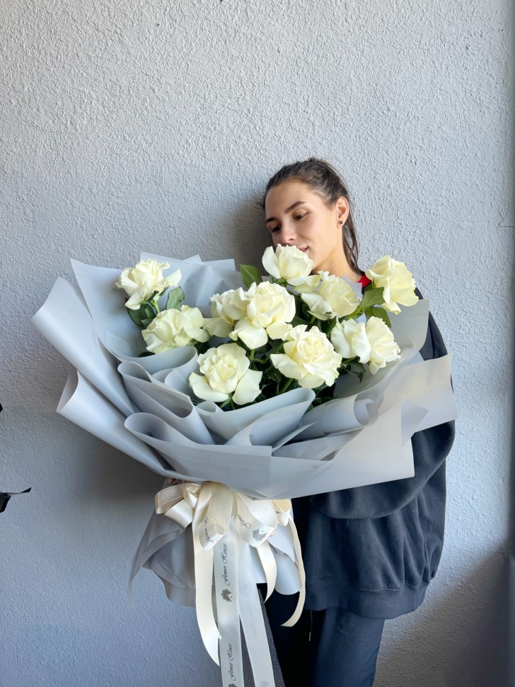 White Roses Cloud Fresh Hand Tied Flower Bouquet