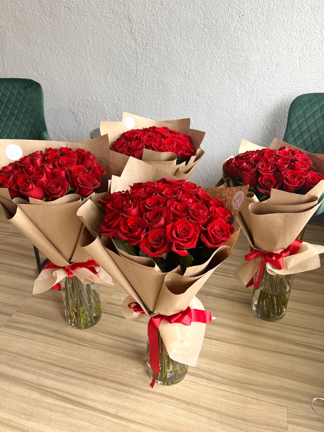 Set of 4 Long Stem Hand Tied Red Roses Bouquets (25 each) Set of 4 Long Stem Hand Tied Red Roses Bouquets (25 each)
