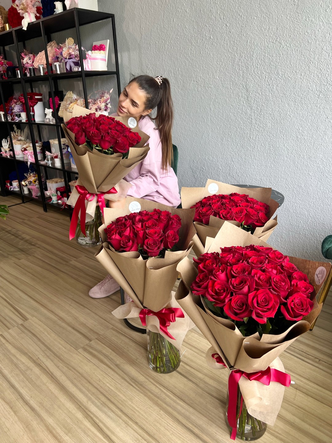 Set of 4 Long Stem Hand Tied Red Roses Bouquets (25 each) Set of 4 Long Stem Hand Tied Red Roses Bouquets (25 each)