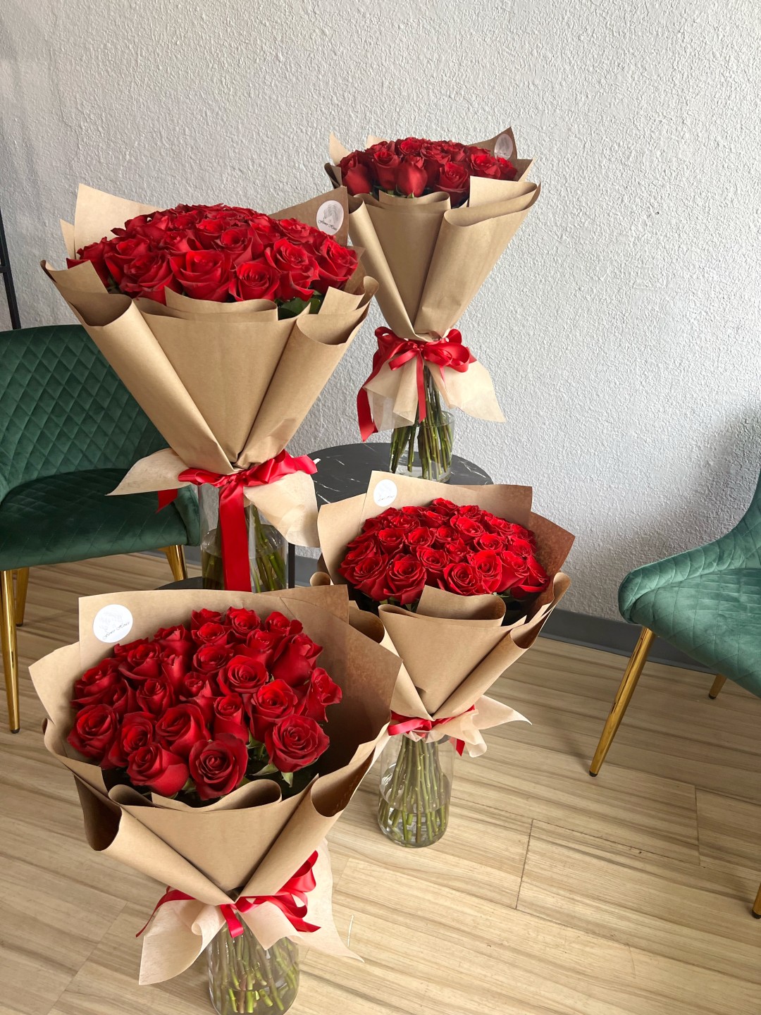 Set of 4 Long Stem Hand Tied Red Roses Bouquets (25 each) Set of 4 Long Stem Hand Tied Red Roses Bouquets (25 each)