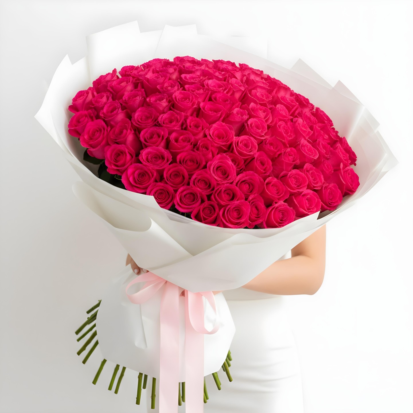 100 Hot Pink Roses Hand-Tied Bouquet