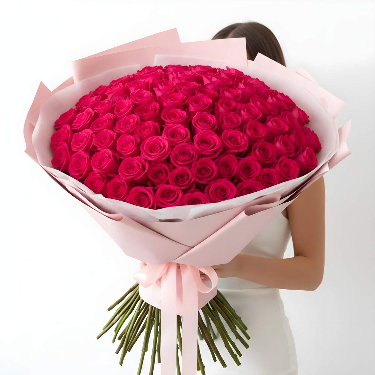 100 Hot Pink Roses Hand-Tied Bouquet