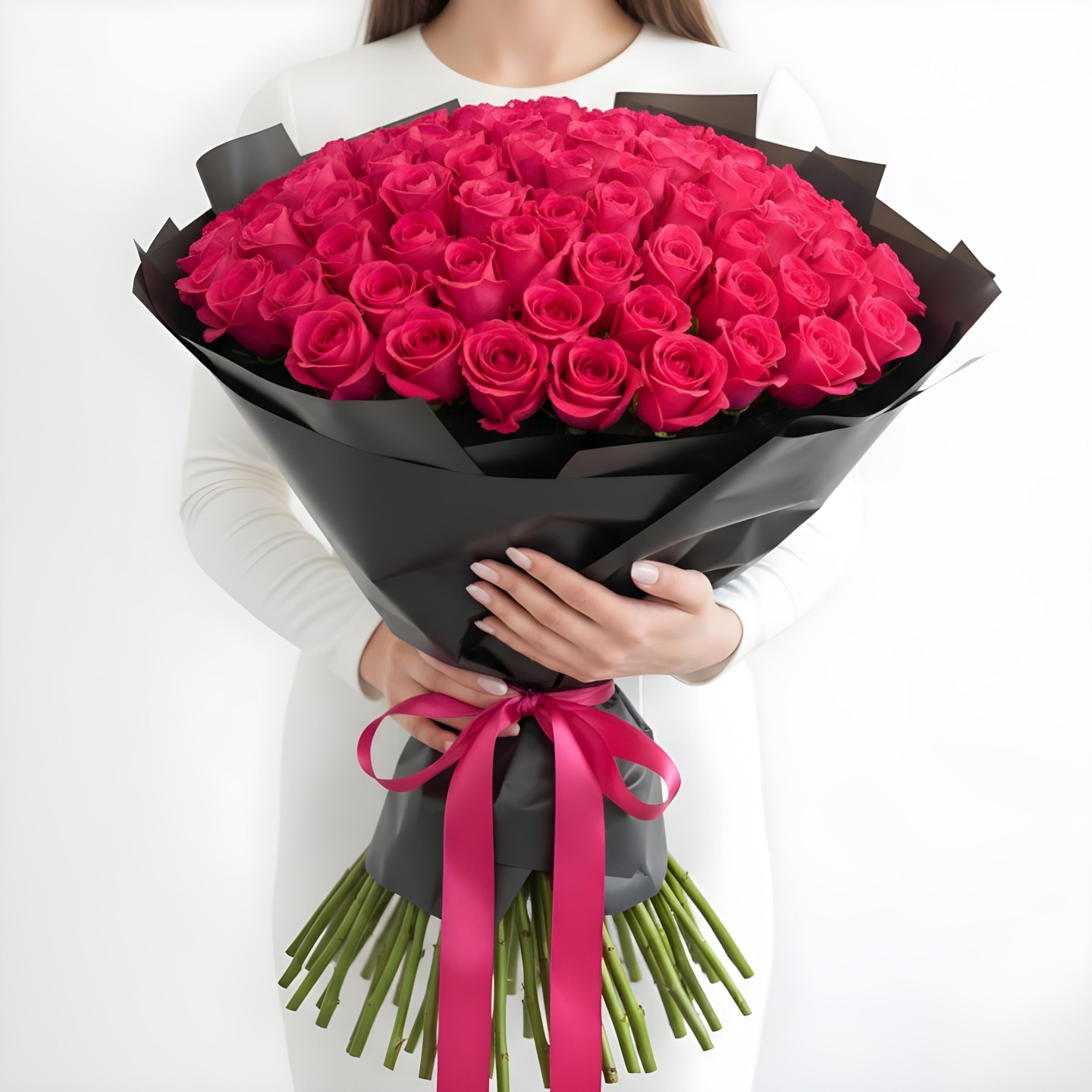 100 Hot Pink Roses Hand-Tied Bouquet