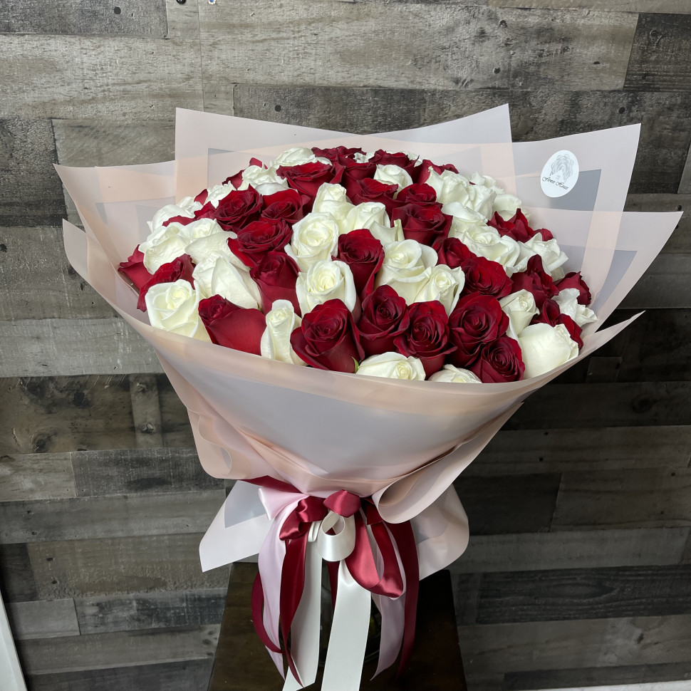 100 Red and White Roses Hand-Tied Bouquet 