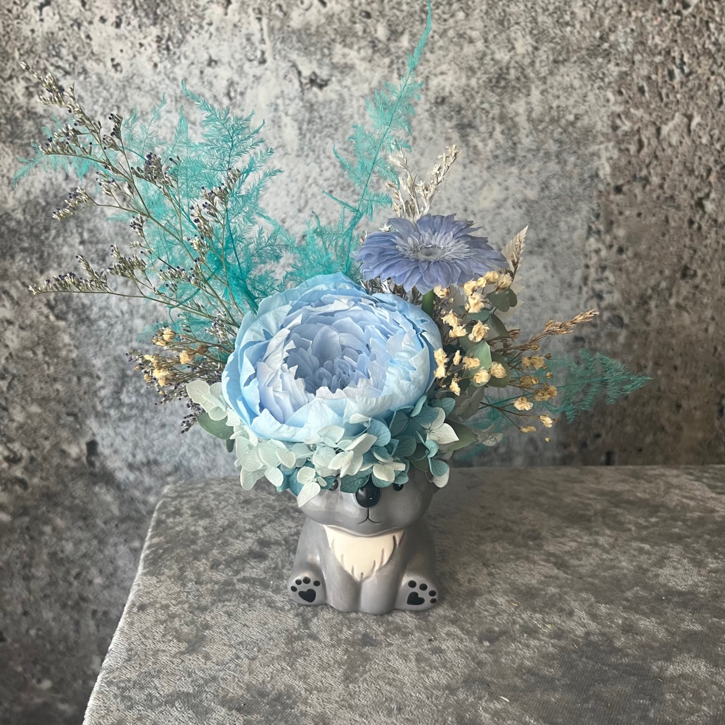 Grey Koala Vase with Preserved Blue Peony