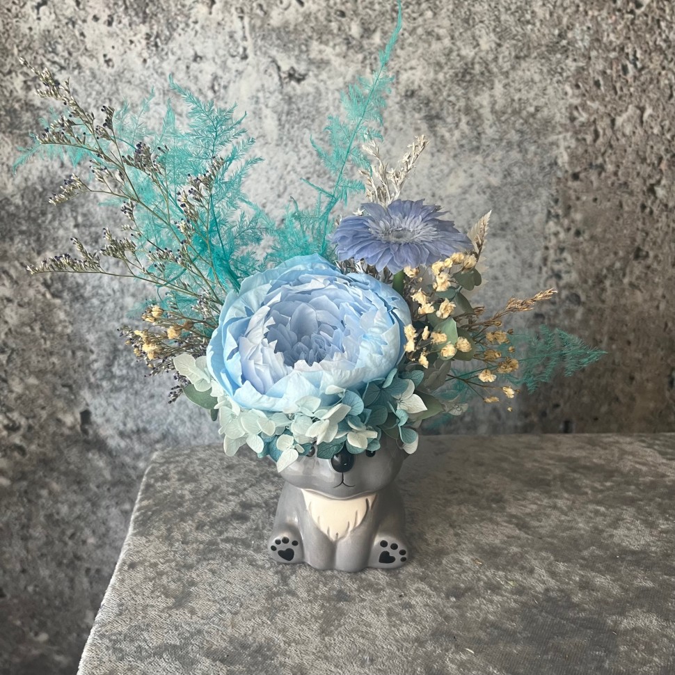 Grey Koala Vase with Preserved Blue Peony Grey Koala Vase with Preserved Blue Peony