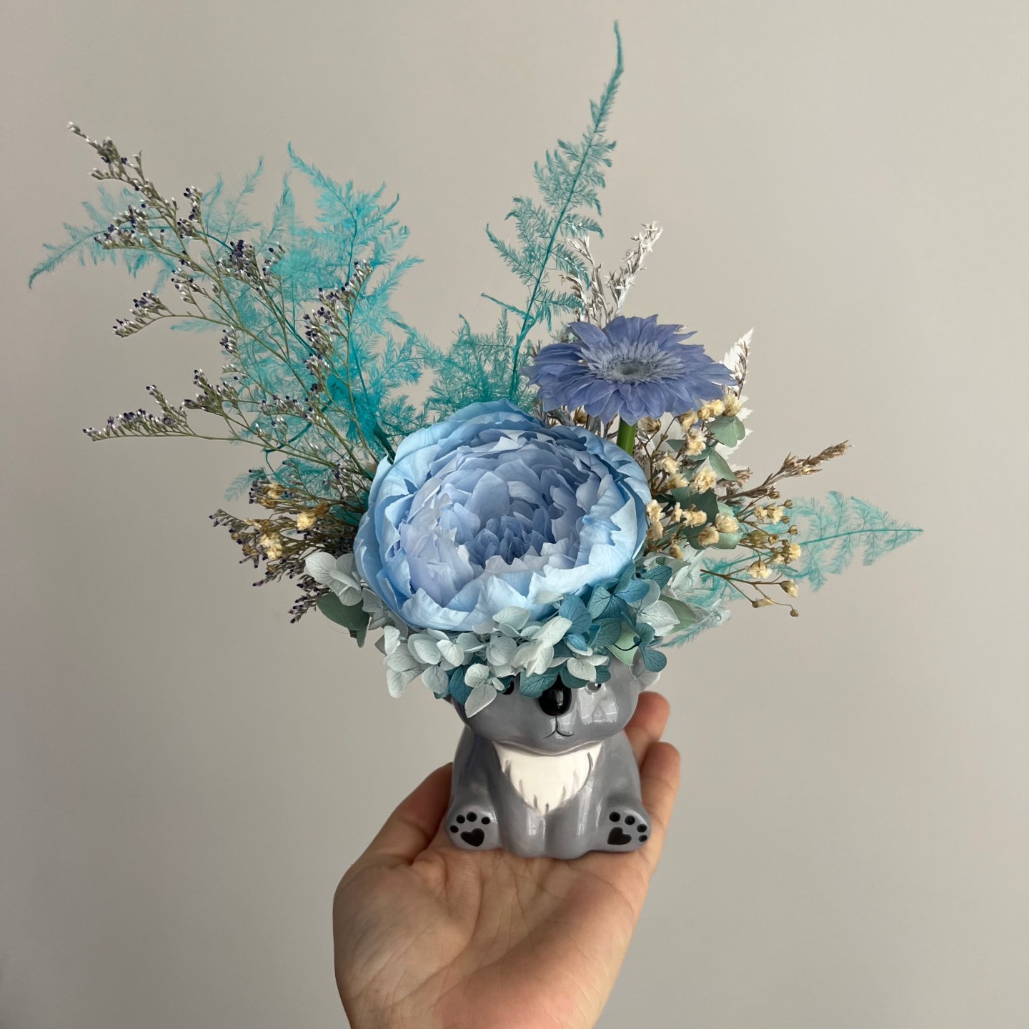 Grey Koala Vase with Preserved Blue Peony