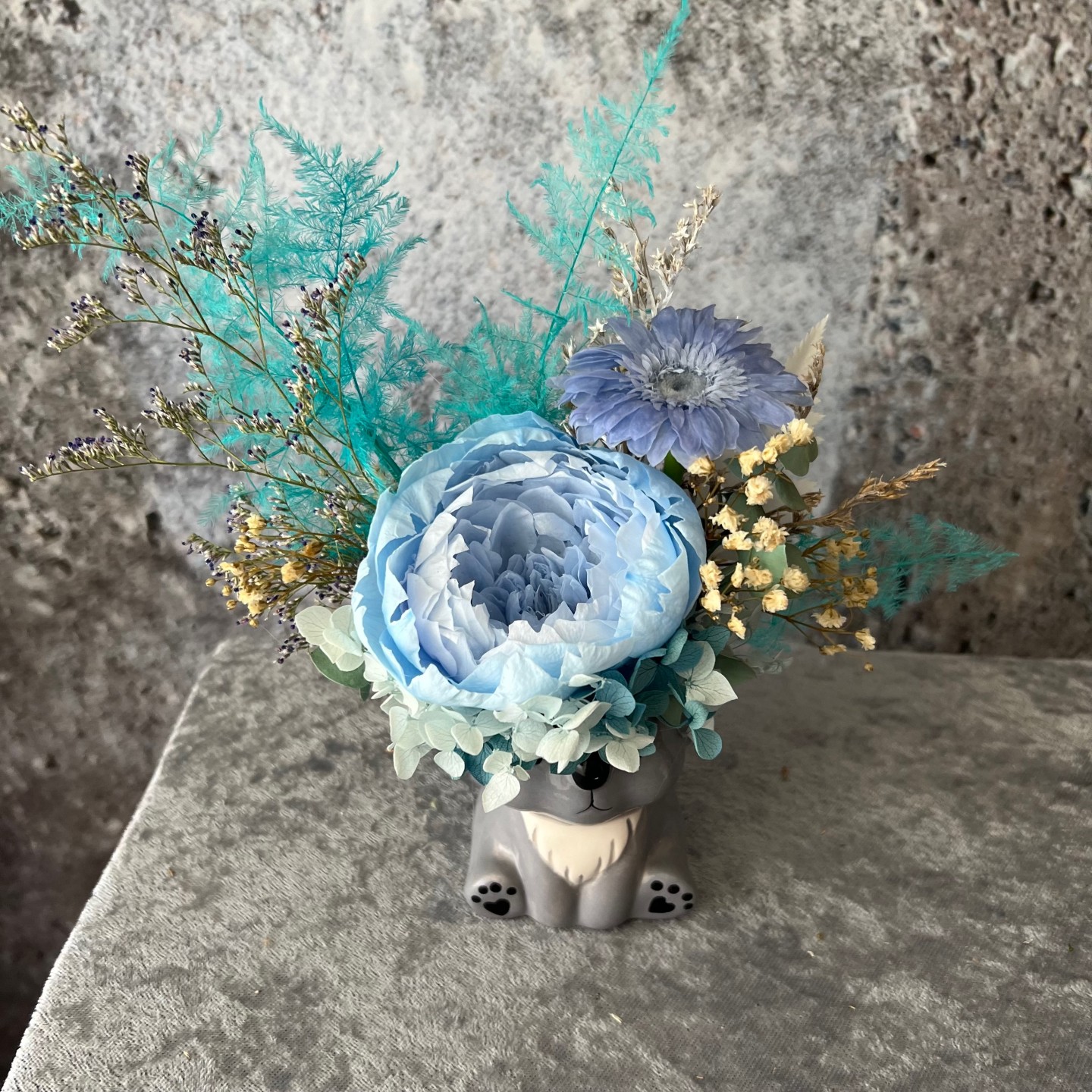 Grey Koala Vase with Preserved Blue Peony