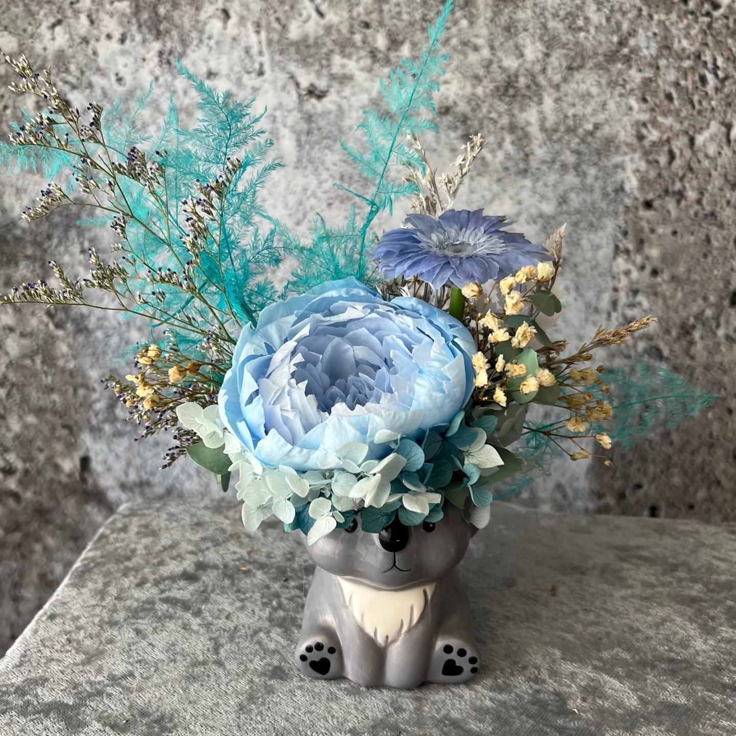 Grey Koala Vase with Preserved Blue Peony