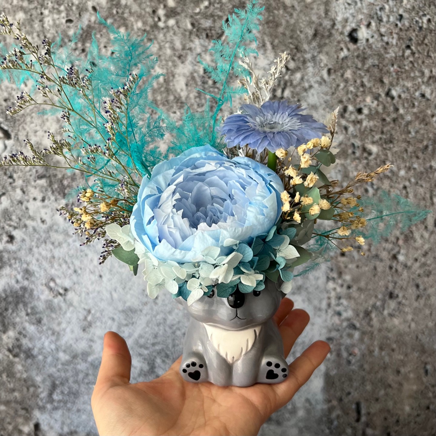 Grey Koala Vase with Preserved Blue Peony