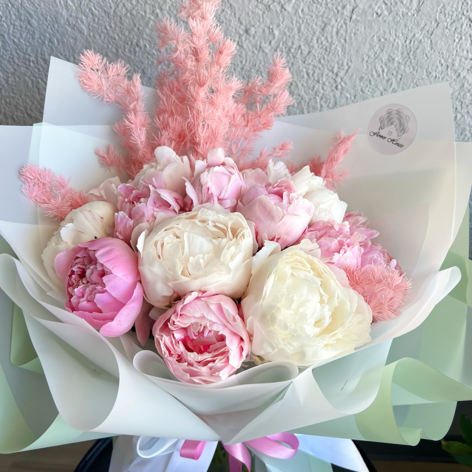 15 White and Pink Peonies Hand-Tied Bouquet 