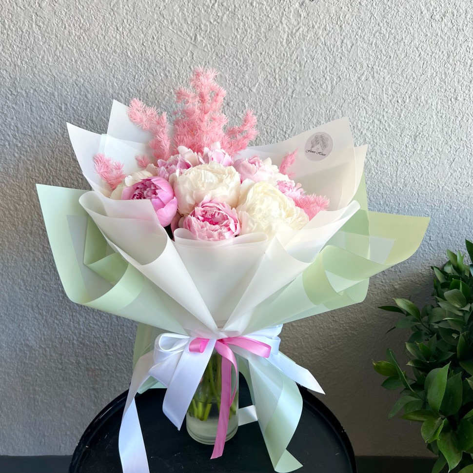 15 White and Pink Peonies Hand-Tied Bouquet 