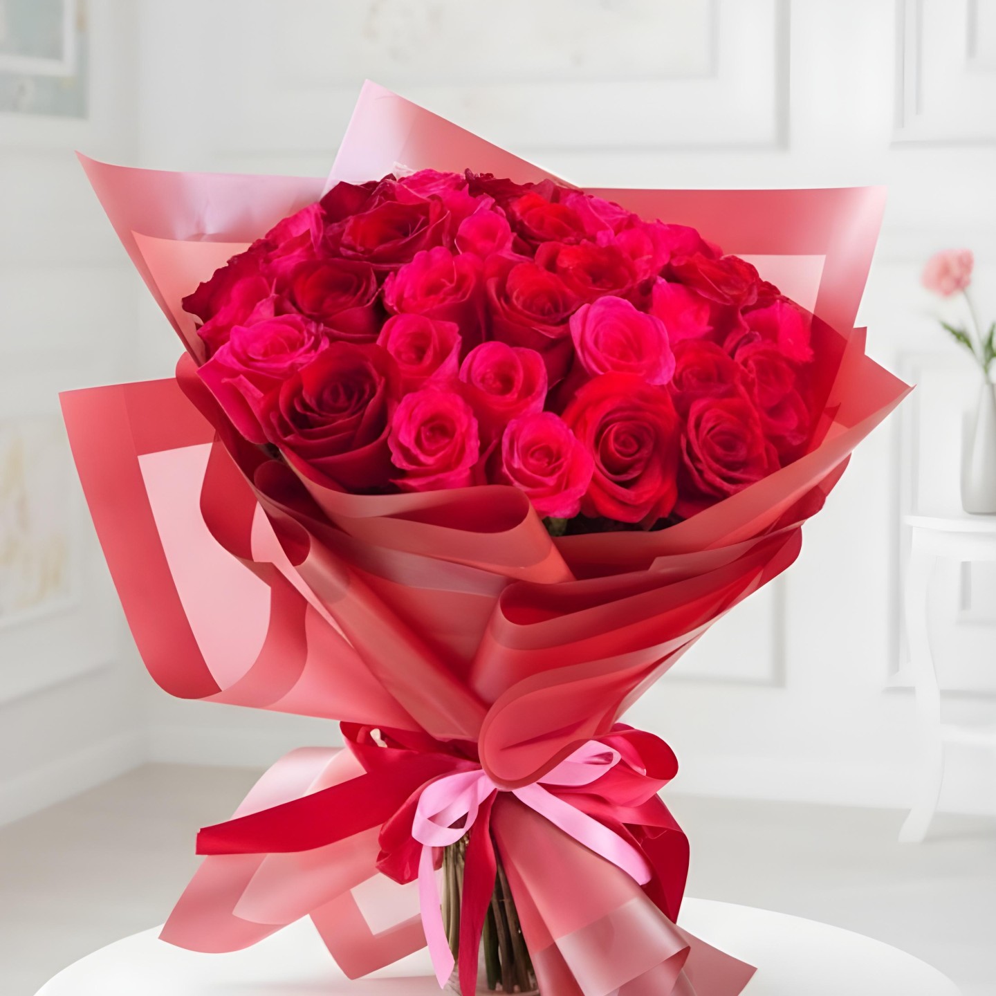 30 Red & Hot Pink Roses Hand-Tied Bouquet 30 Red & Hot Pink Roses Hand-Tied Bouquet