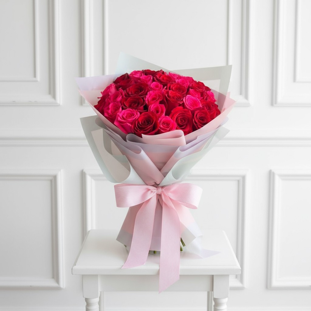 30 Red & Hot Pink Roses Hand-Tied Bouquet 30 Red & Hot Pink Roses Hand-Tied Bouquet