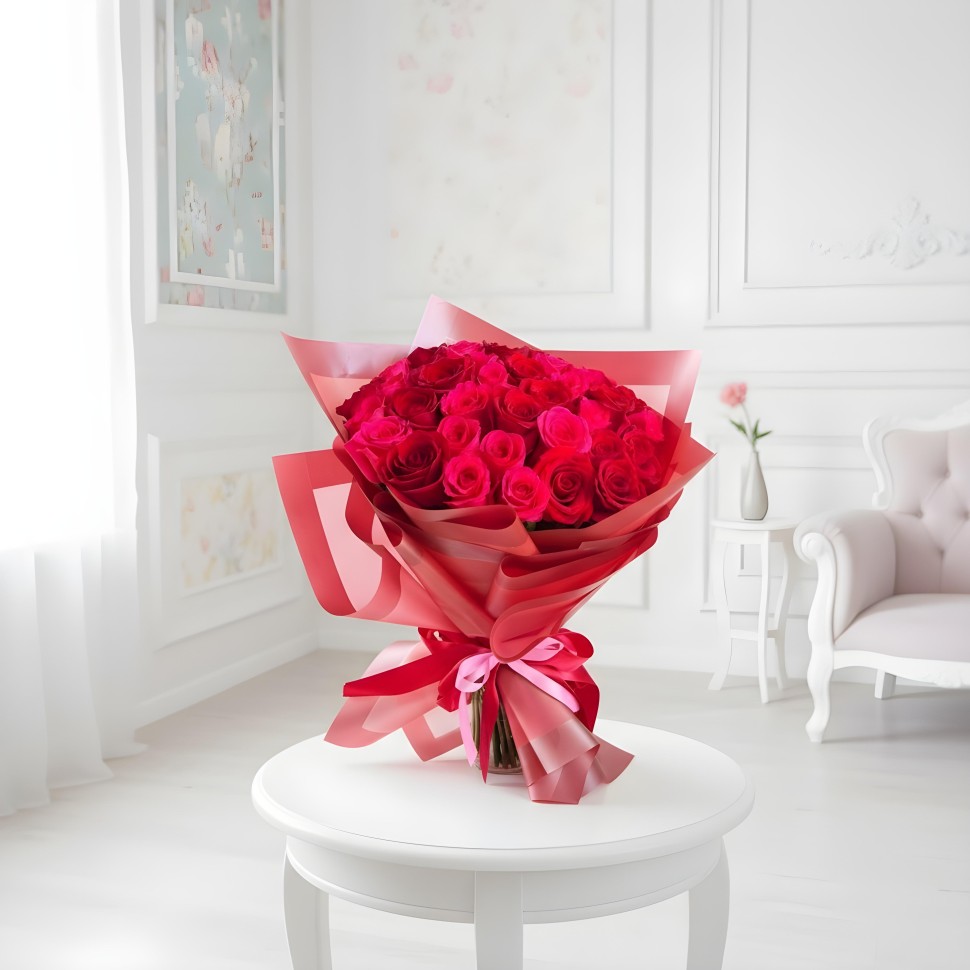 30 Red and Hot Pink Roses Hand Tied Bouquet