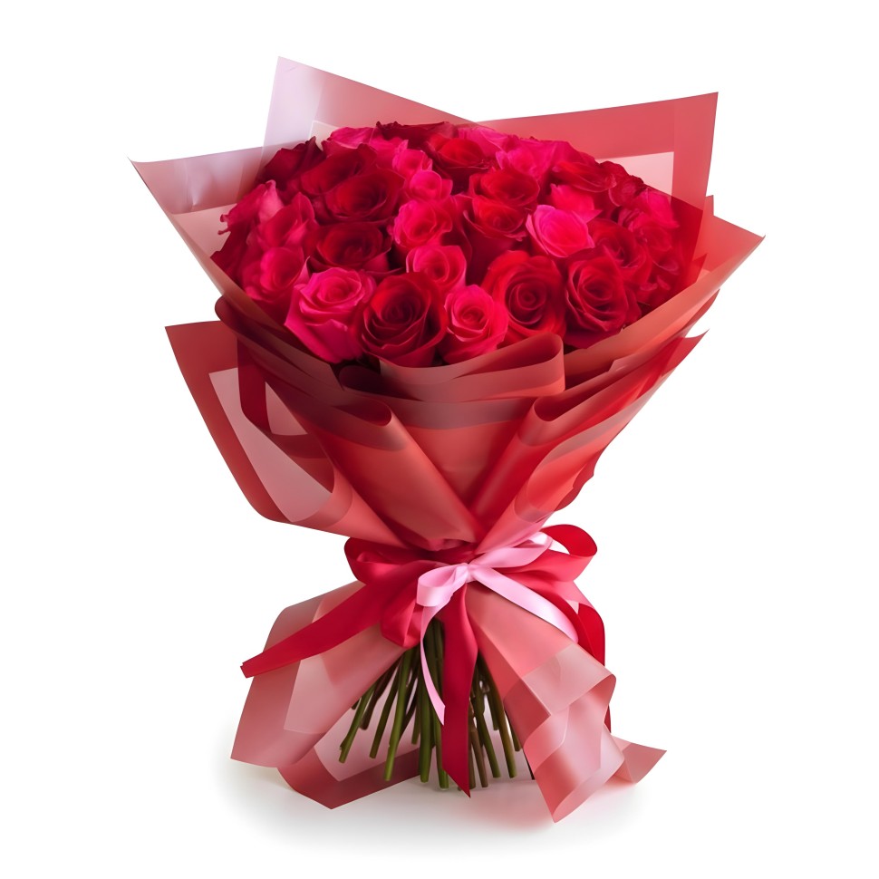 30 Red & Hot Pink Roses Hand-Tied Bouquet