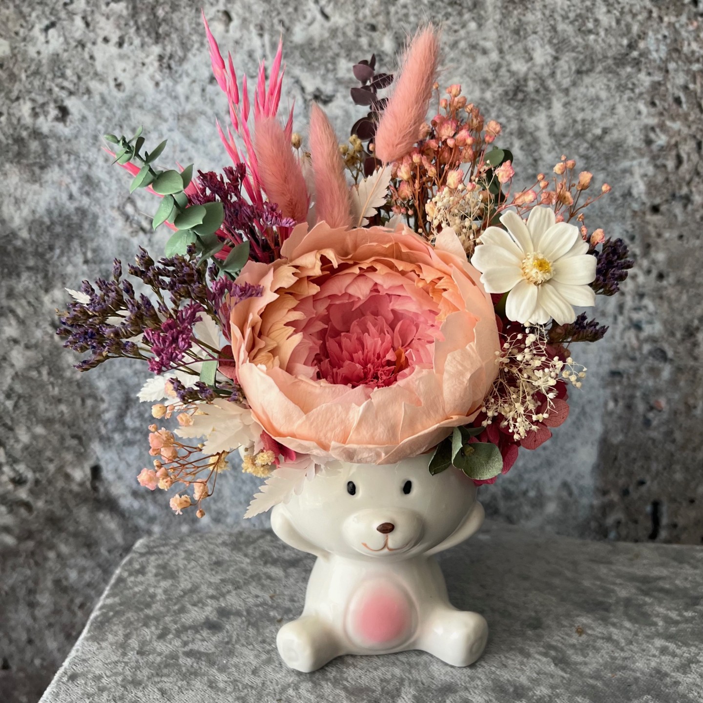 White Bear vase. with peach pink Preserved peony