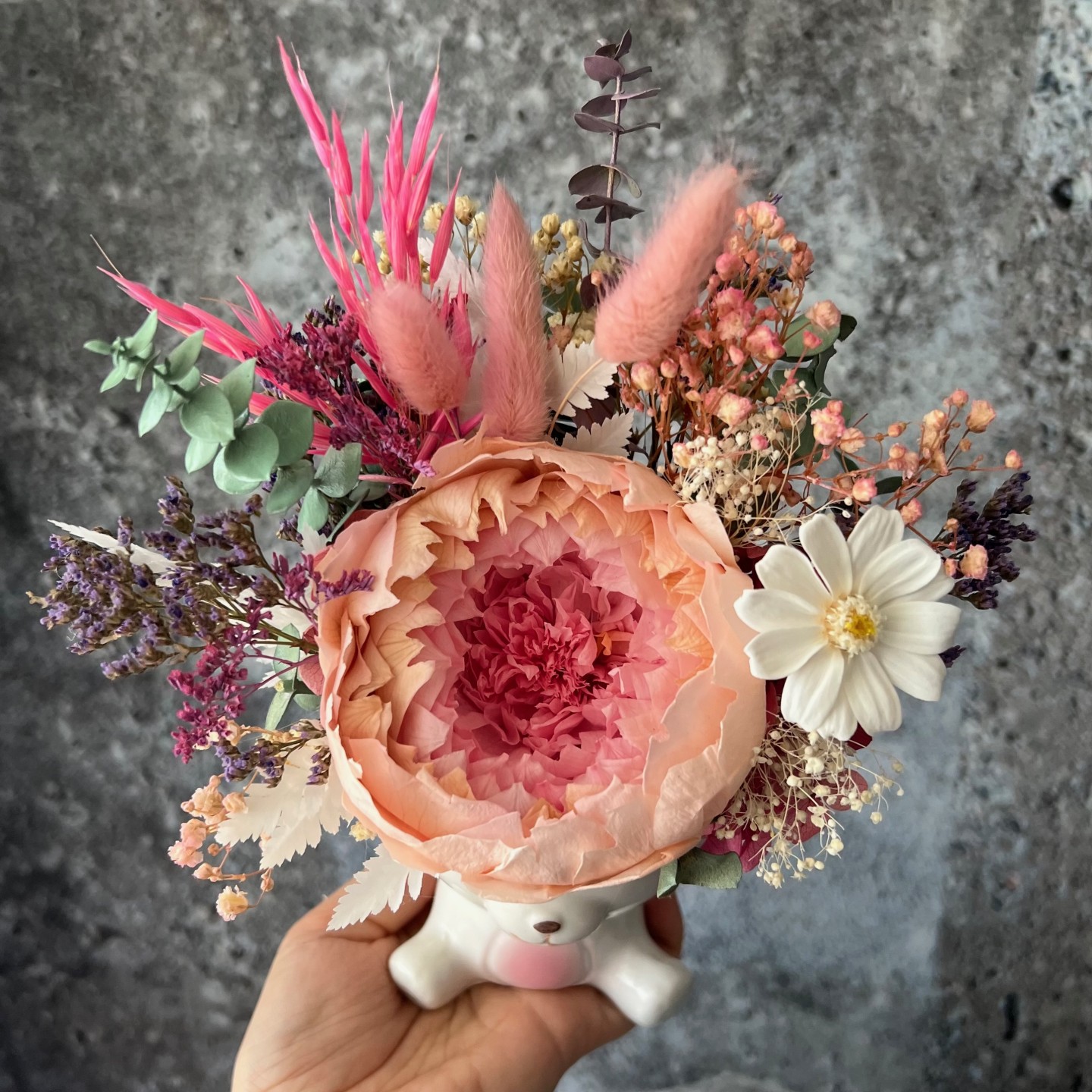 White Bear vase. with peach pink Preserved peony