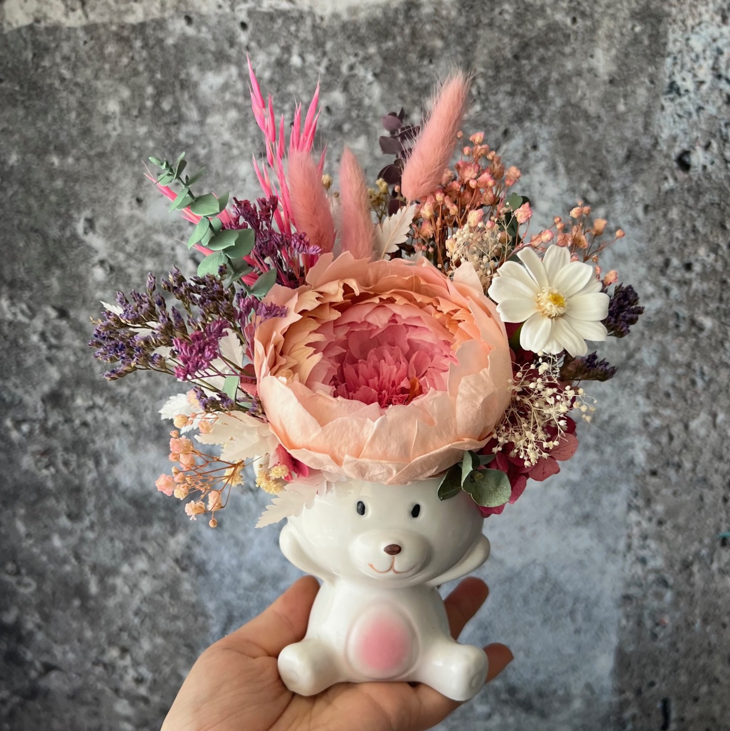 White Bear vase. with peach pink Preserved peony