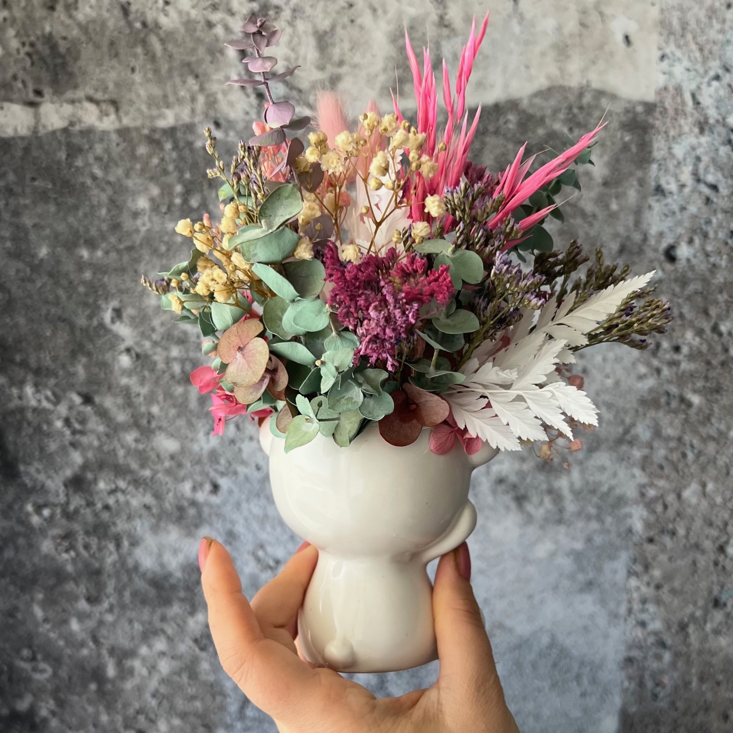 White Bear vase. with peach pink Preserved peony