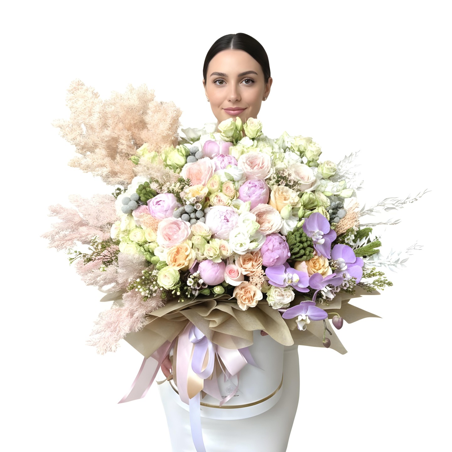 Pinky Fiona Flower Box (Roses, Spray Roses, Garden Roses, Peony, Phalaenopsis Orchids, Lisianthus, Wax Flower)