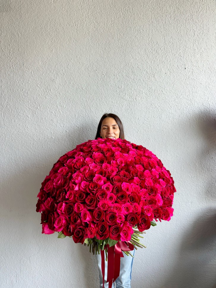 200 Red and Hot Pink Roses Hand Tied Bouquet 