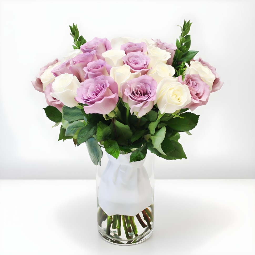White & Purple Roses Bouquet (12–48 Stems)