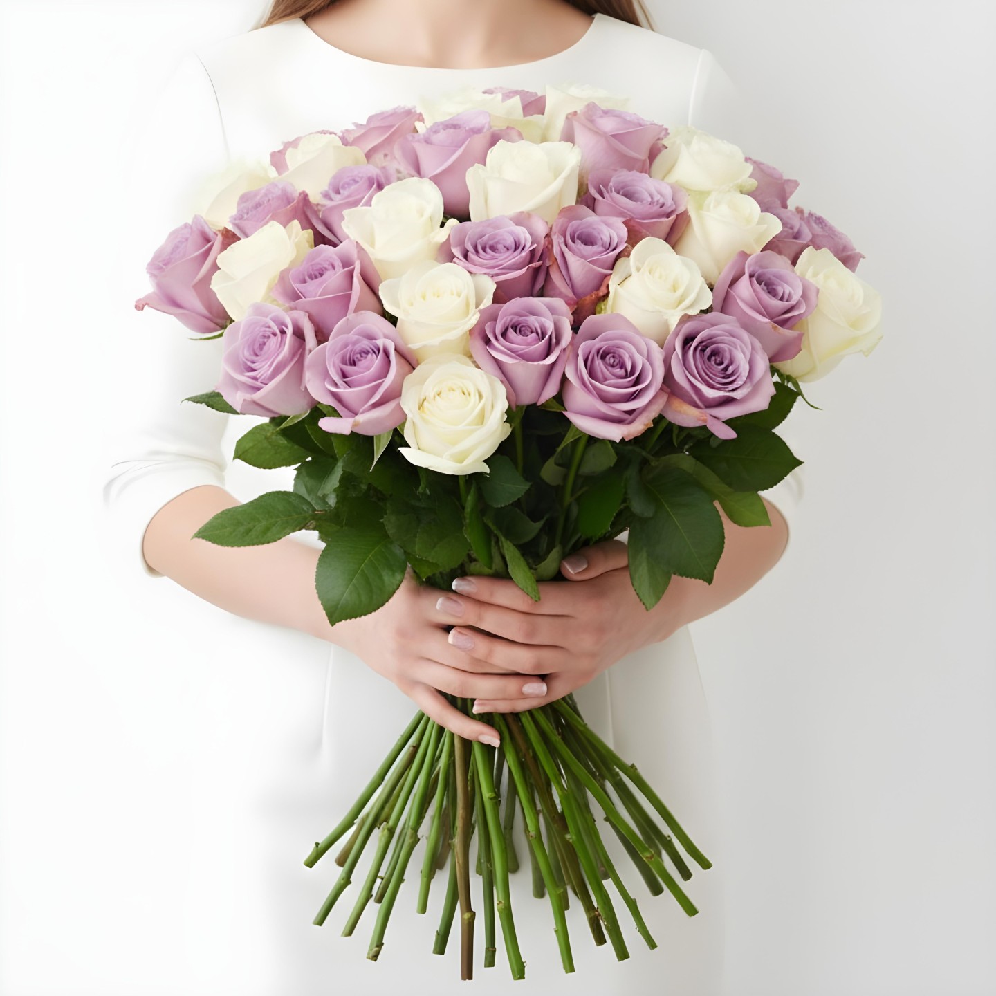 White & Purple Roses Bouquet (12–48 Stems)