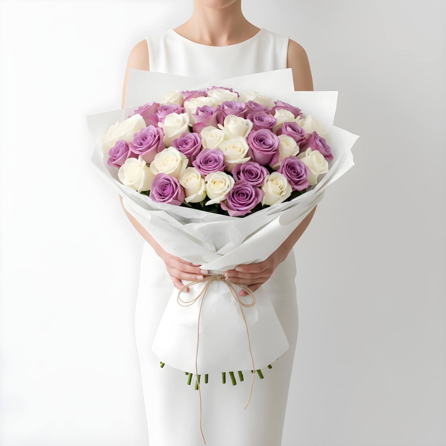 White & Purple Roses Bouquet (12–48 Stems)