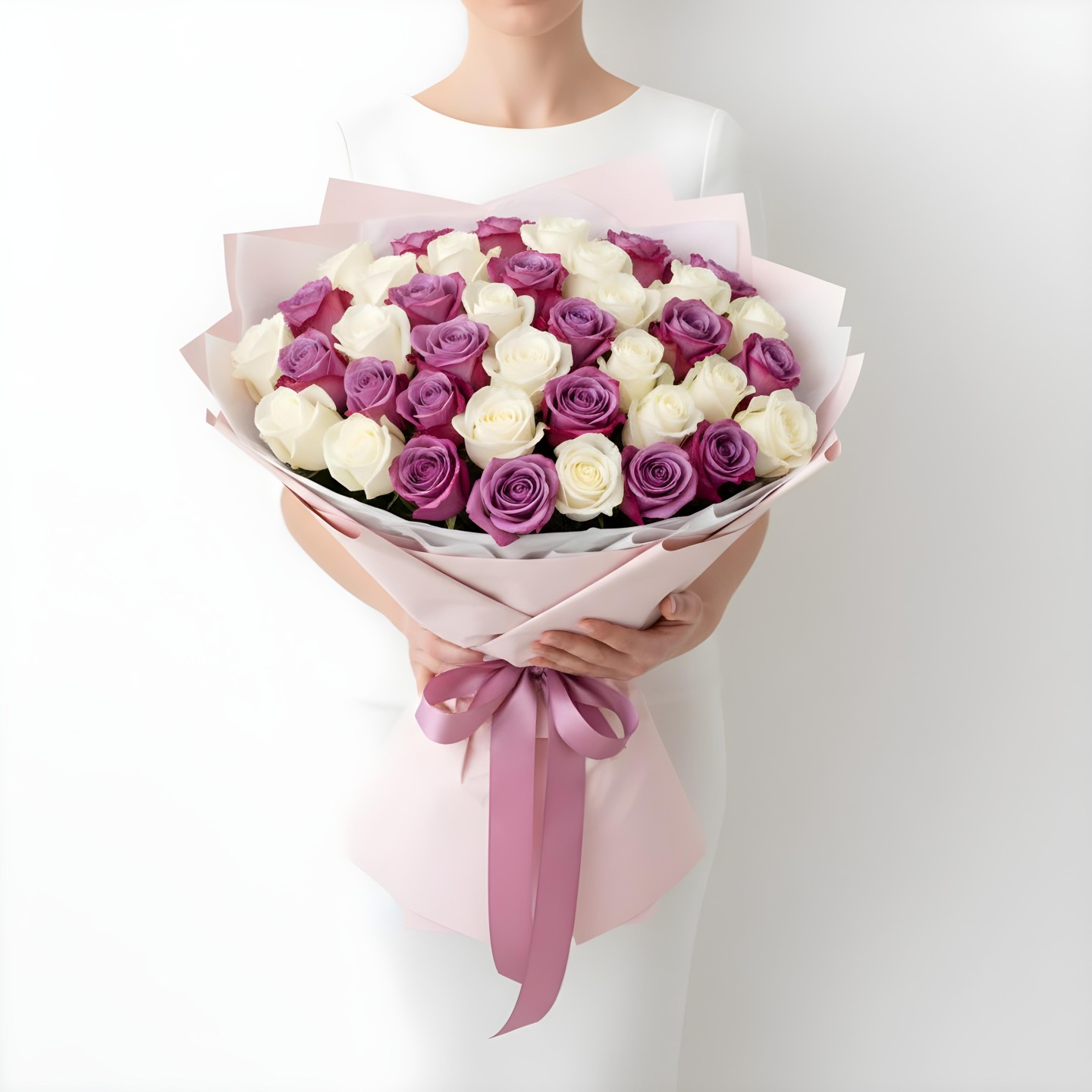 White & Purple Roses Bouquet (12–48 Stems)