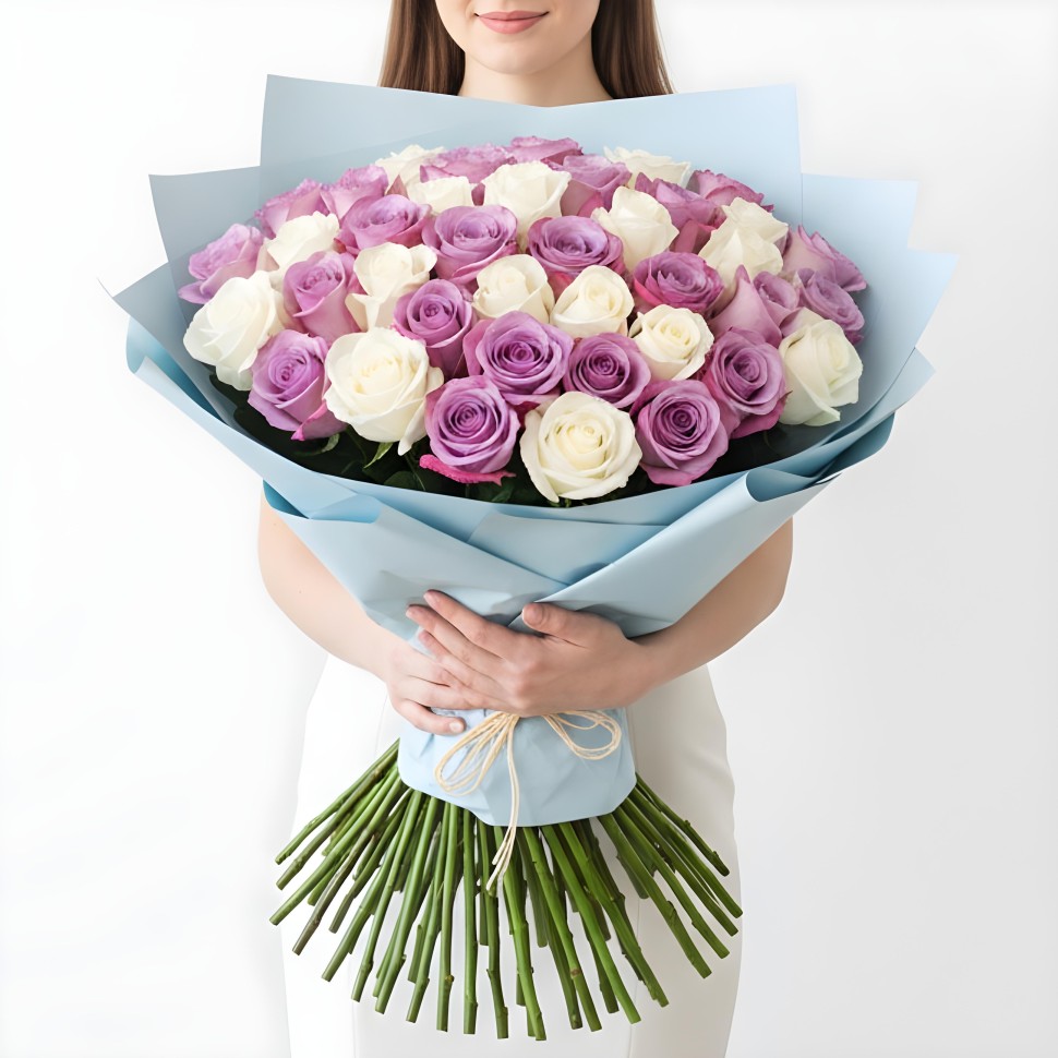 White & Purple Roses Bouquet (12–48 Stems)