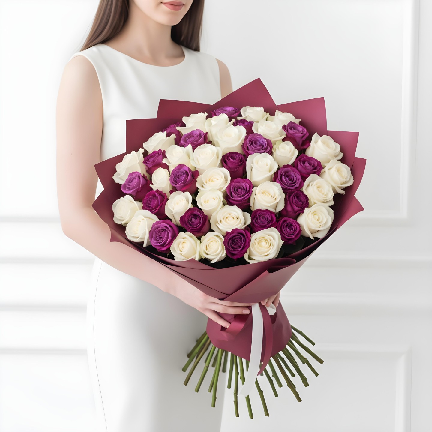 White & Purple Roses Bouquet (12–48 Stems)