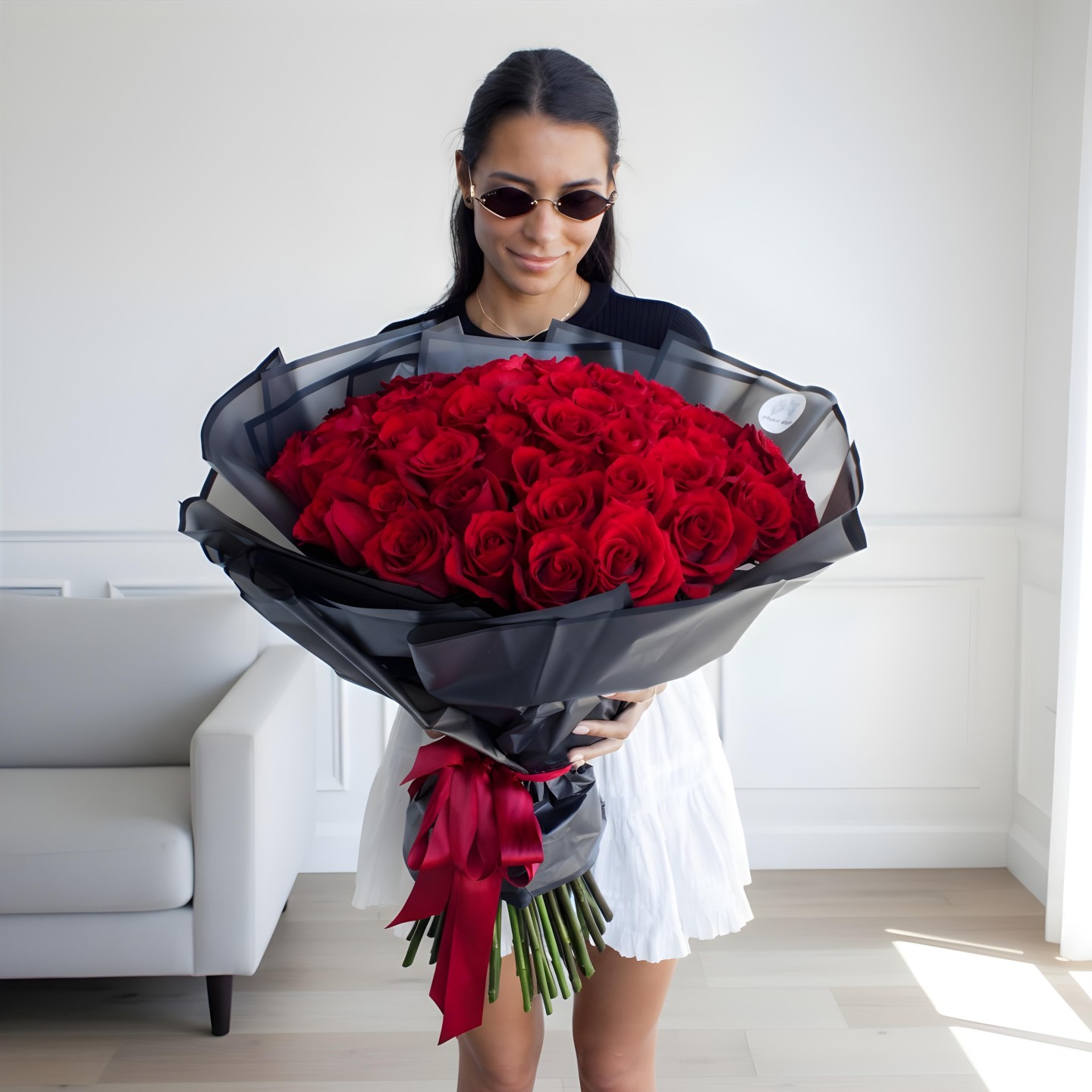 Luxury 50 Long Stem Red Roses Hand-Tied Bouquet in Black Paper