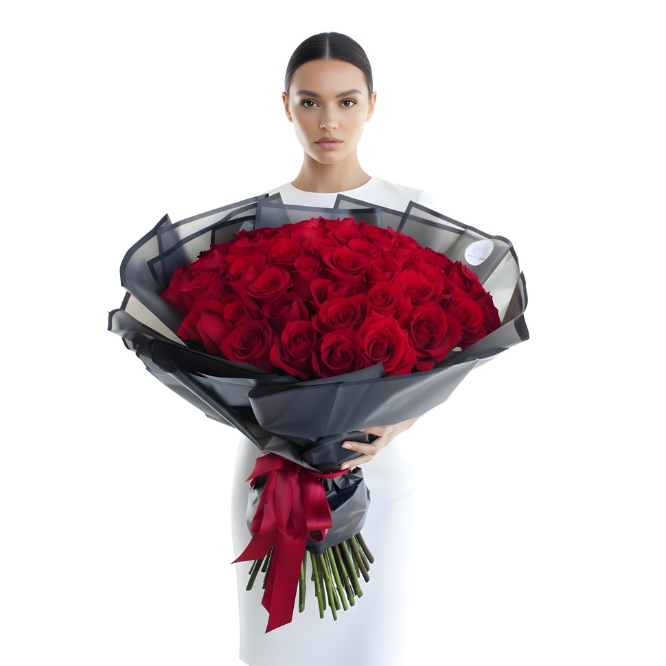 Luxury 50 Long Stem Red Roses Hand-Tied Bouquet in Black Paper