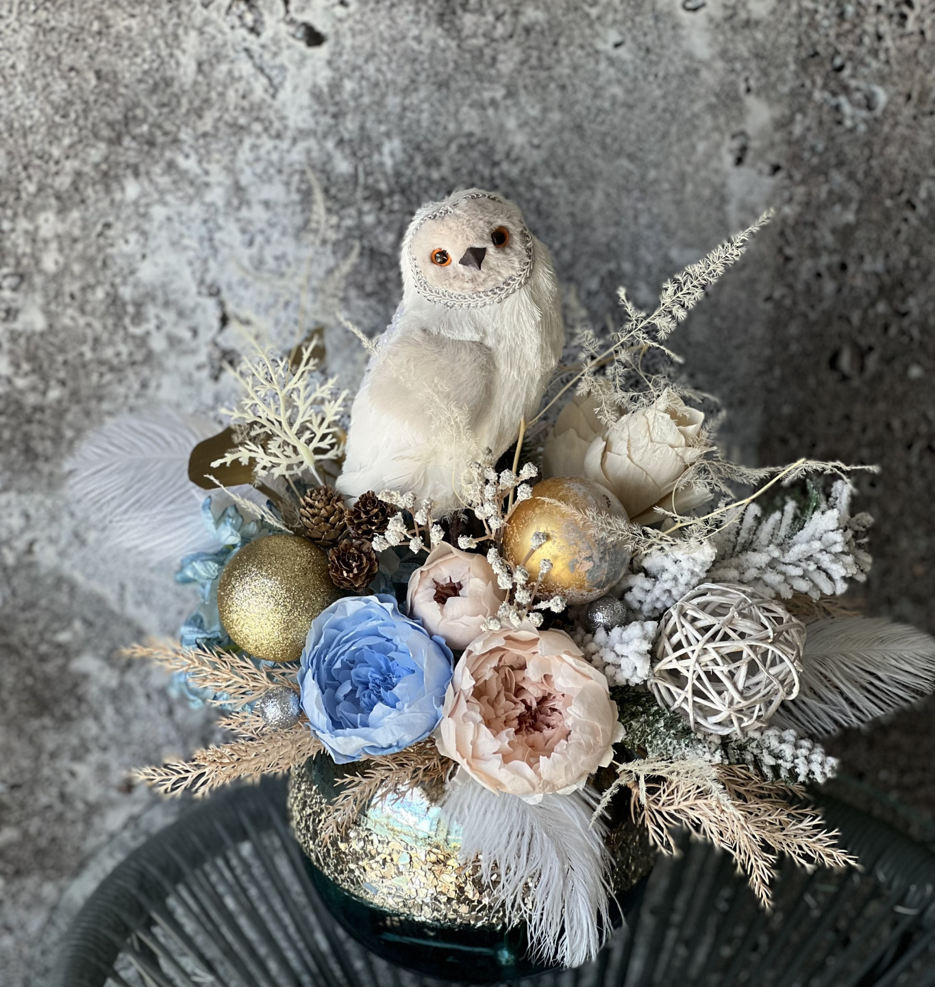 Christmas Blue Gold arrangement with Preserved Peonies