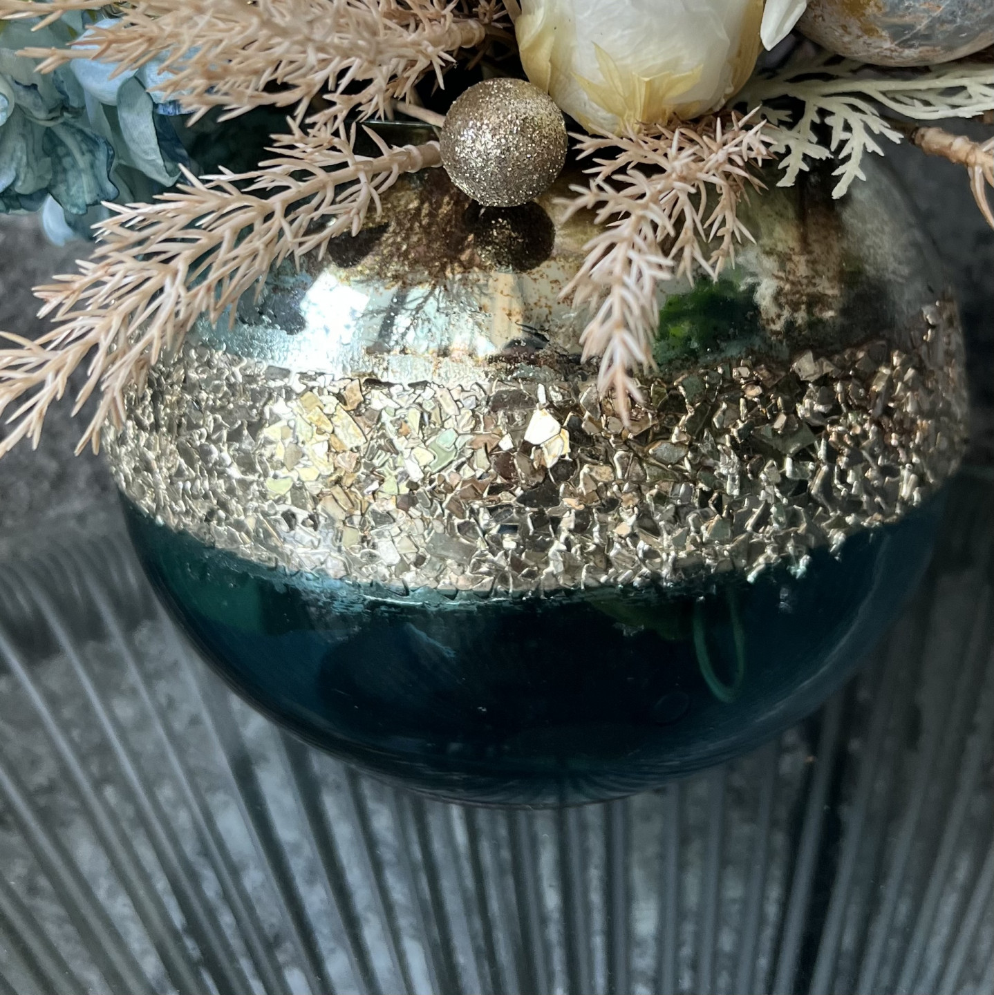 Christmas Blue Gold arrangement with Preserved Peonies