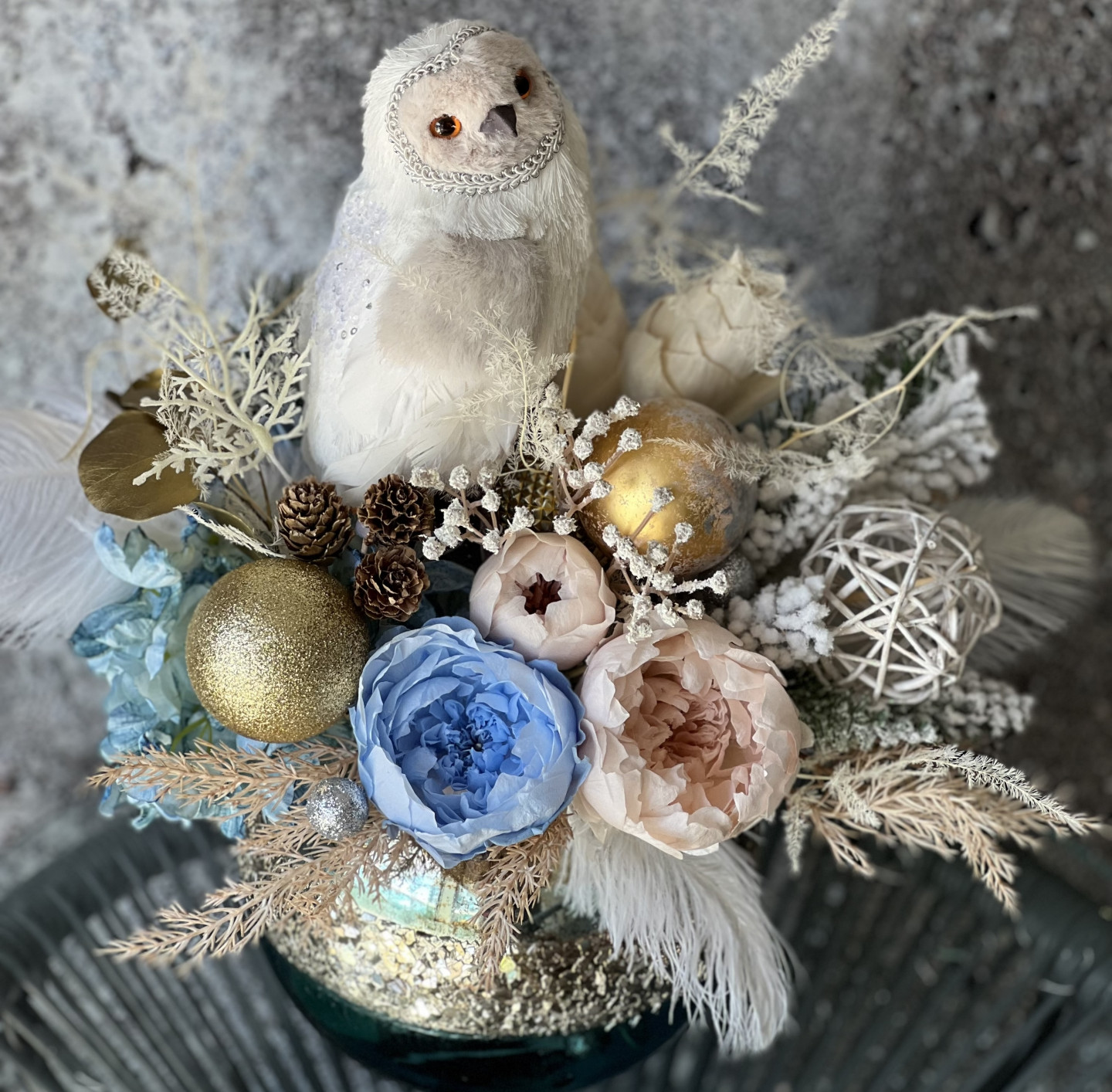 Christmas Blue Gold arrangement with Preserved Peonies