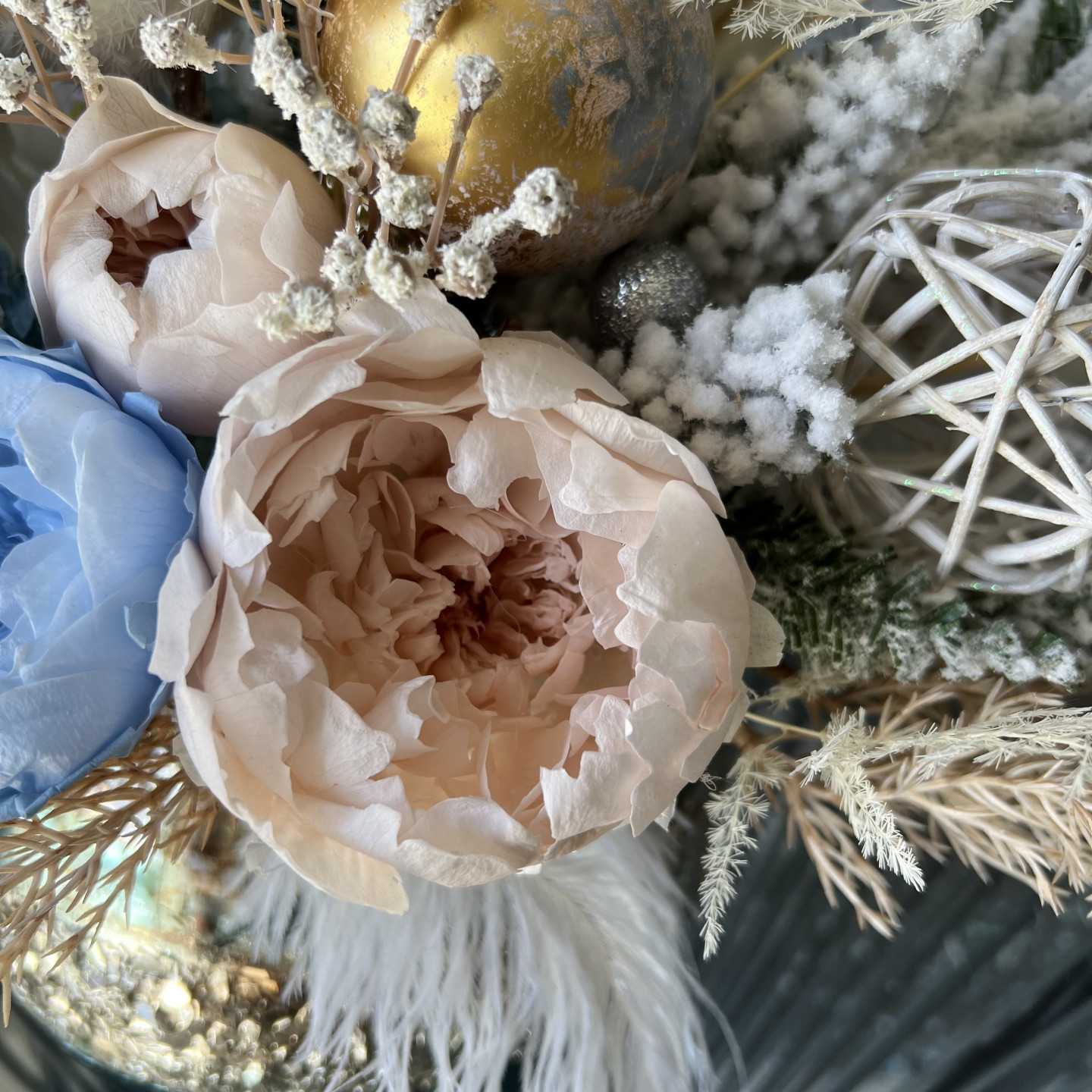 Christmas Blue Gold arrangement with Preserved Peonies