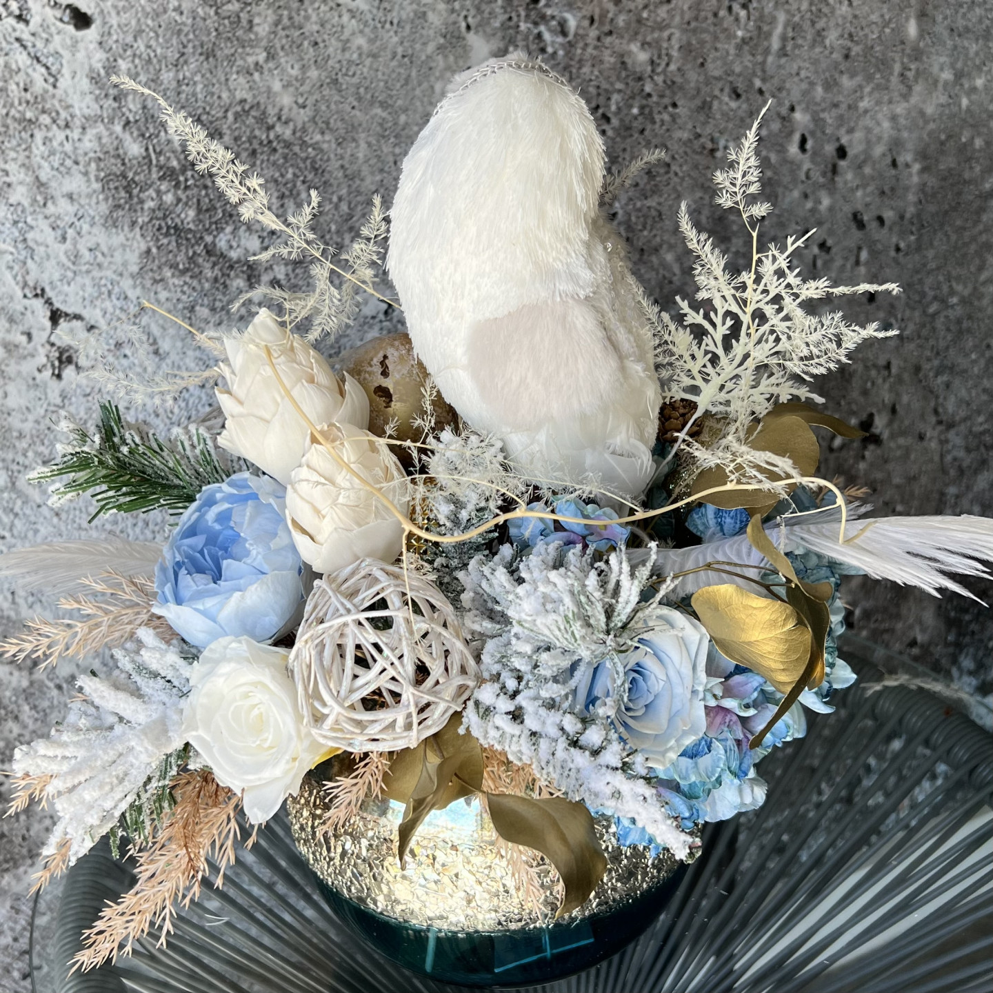 Christmas Blue Gold arrangement with Preserved Peonies