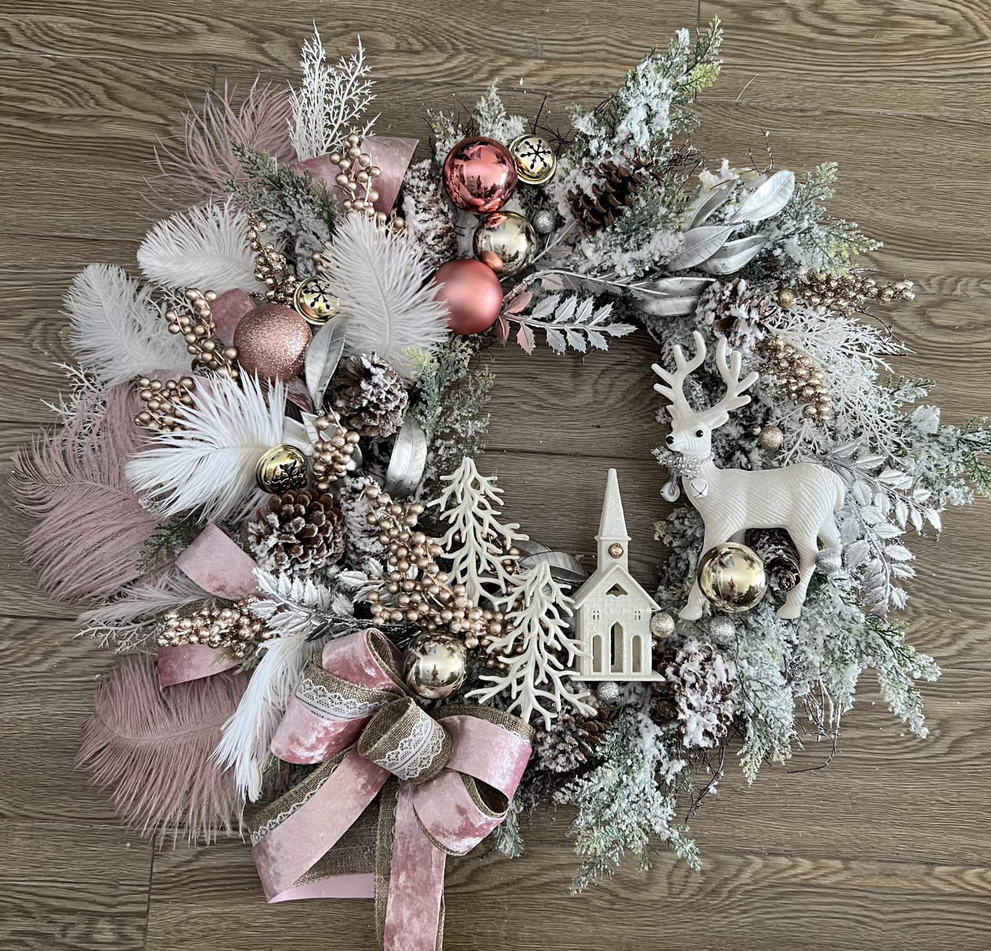 White Pink Winter wreath with Deer and Ferns