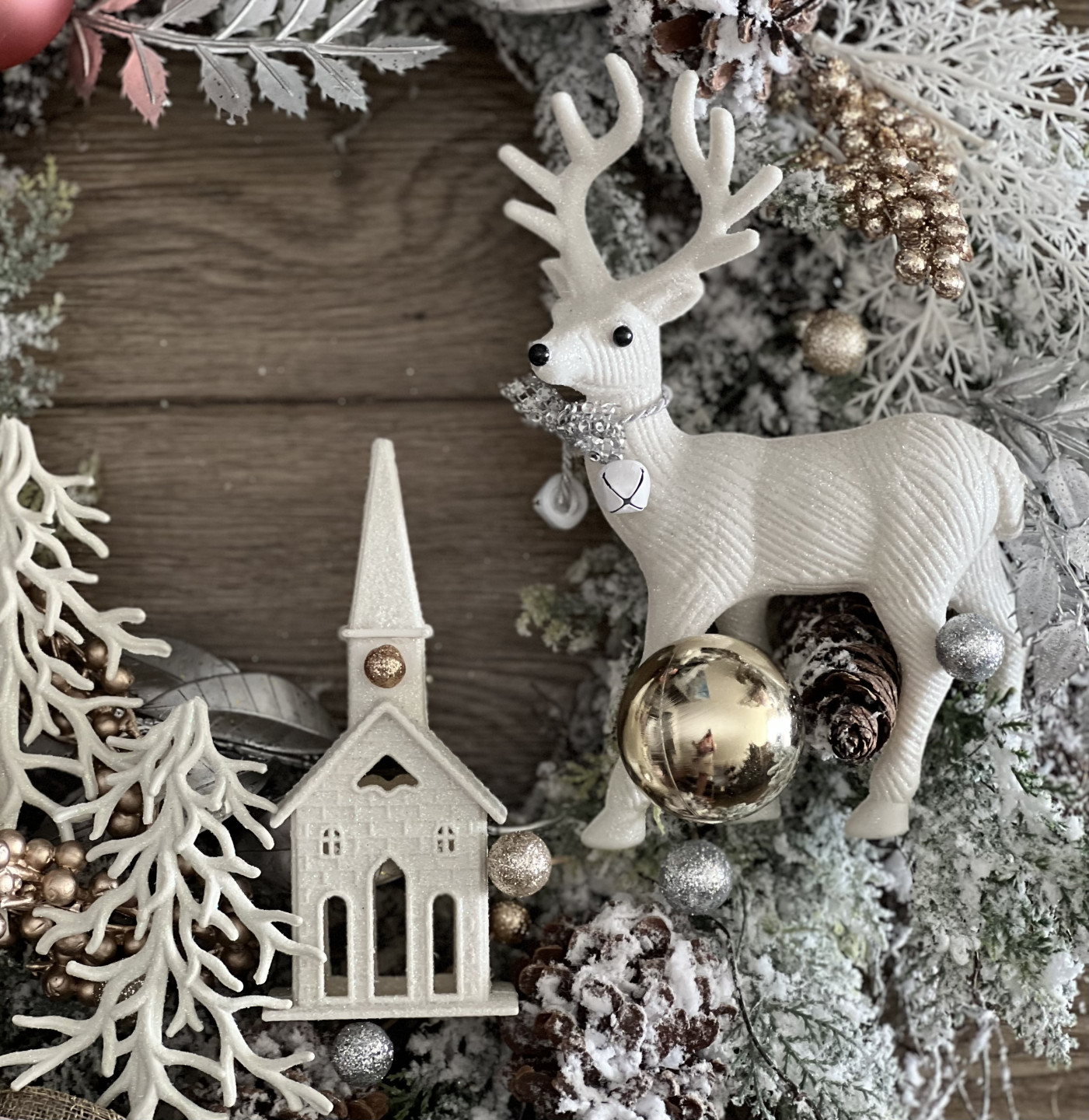 White Pink Winter wreath with Deer and Ferns