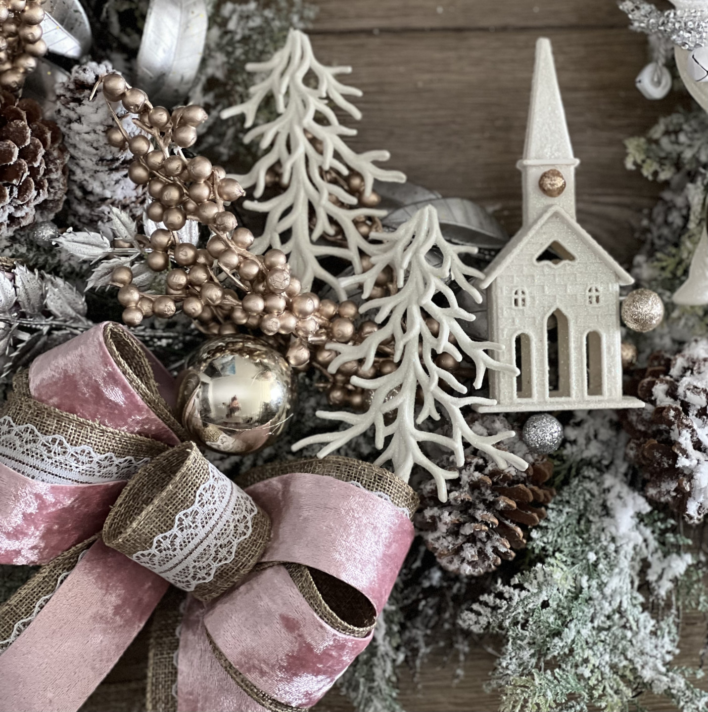 White Pink Winter wreath with Deer and Ferns