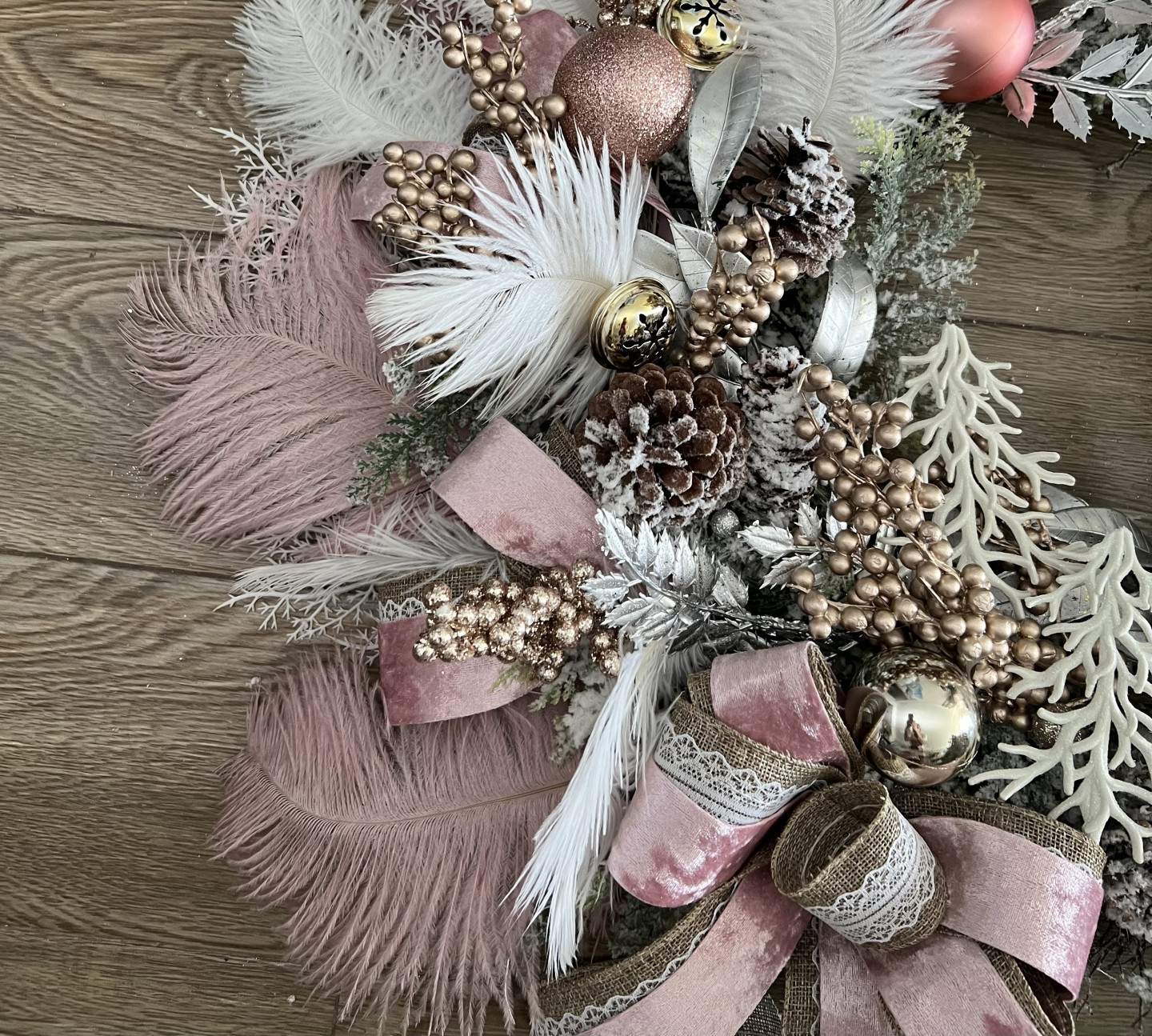 White Pink Winter wreath with Deer and Ferns