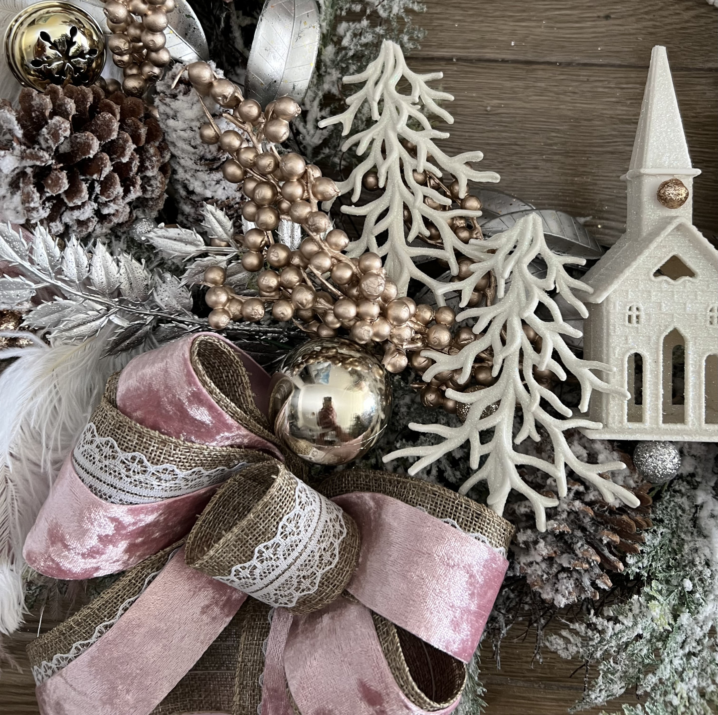 White Pink Winter wreath with Deer and Ferns