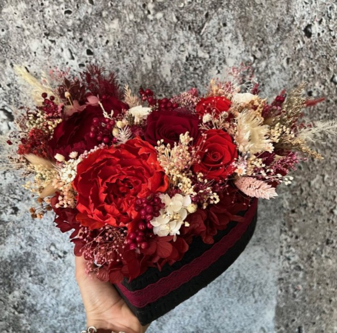 CARMEN collection Preserved Peonies in black heart shaped box