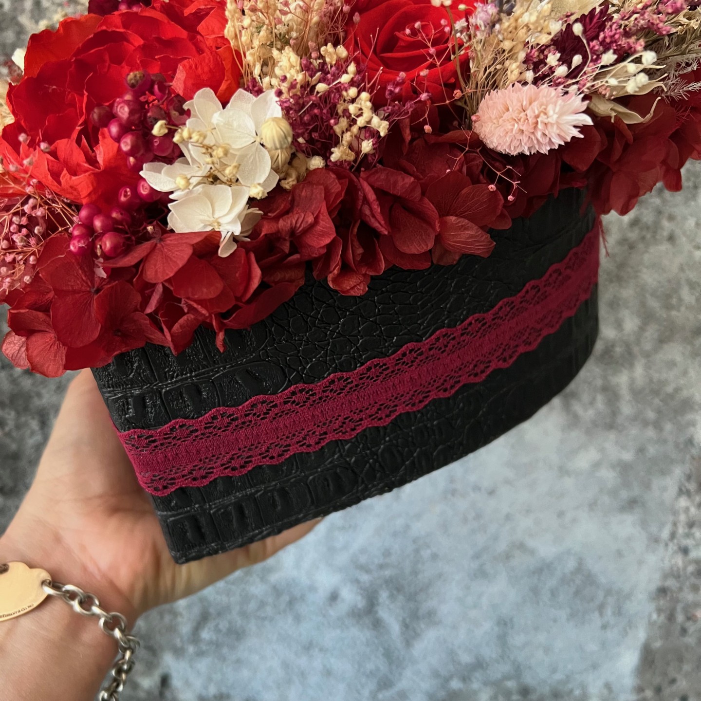 CARMEN collection Preserved Peonies in black heart shaped box