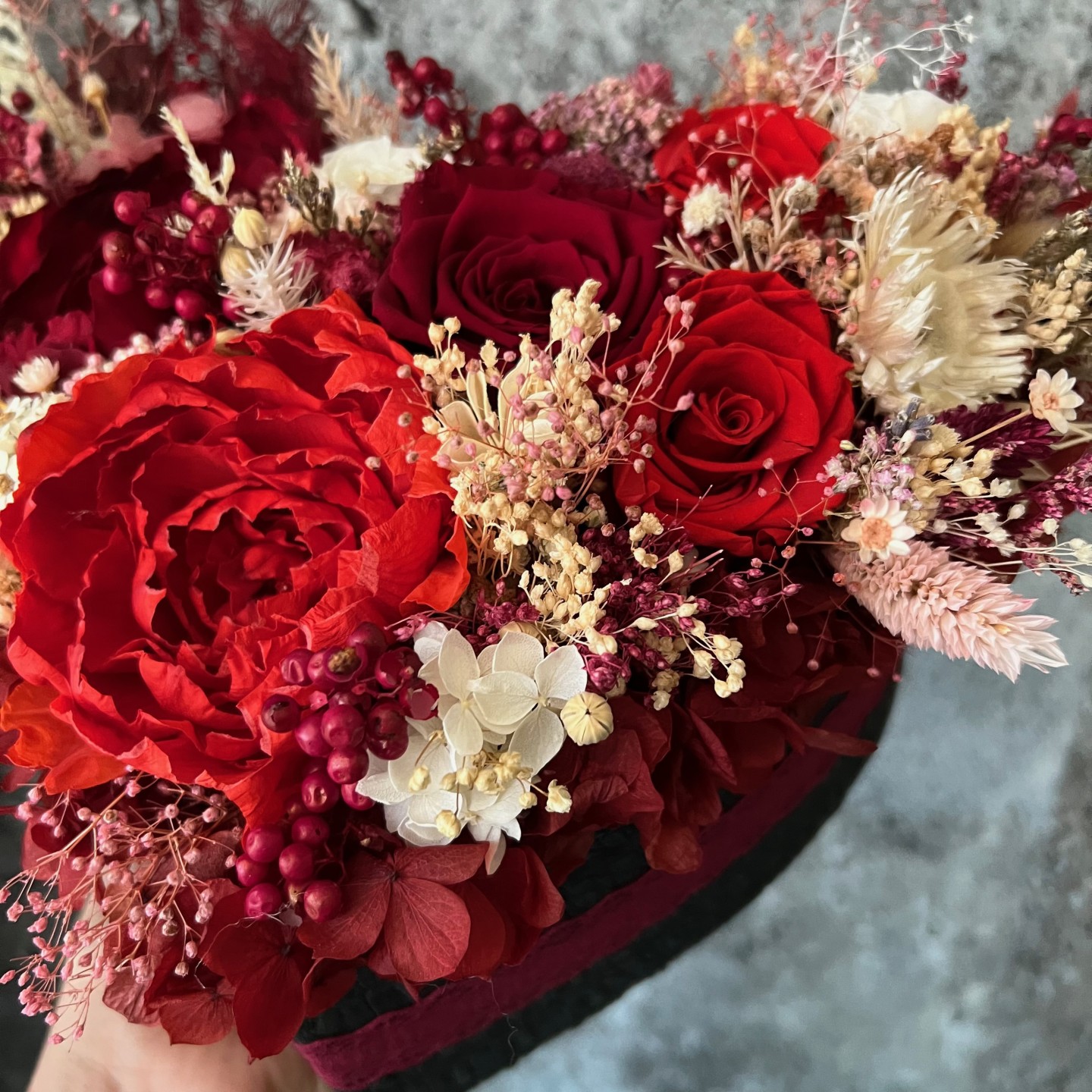 CARMEN collection Preserved Peonies in black heart shaped box